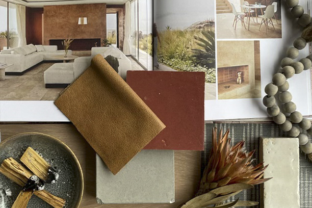 a flat lay of leather swatches, tile and catalog images